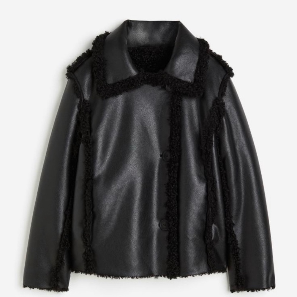 Vegan leather reversible shearling/sherpa jacket in black